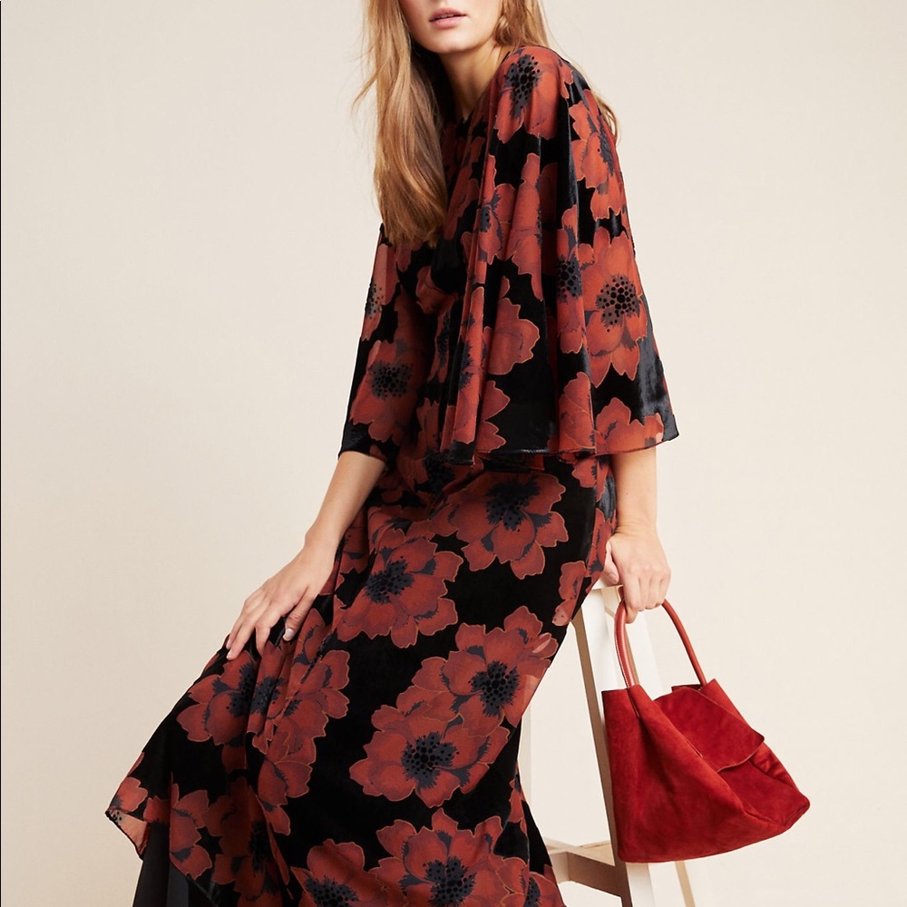 Anthropologie Margie Flocked Maxi Dress Floral